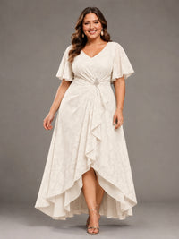 Jacquard Chiffon A-Line V-Neck High-Low Mother of the Bride Dress