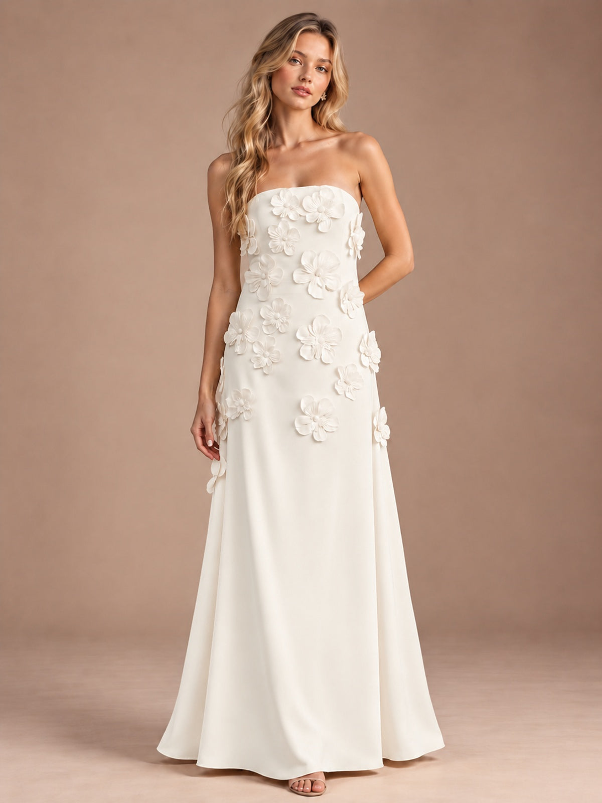 Ivory-Strapless 3D Floral A-line Satin Prom Maxi Dress Formal Evening Gown