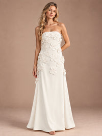Ivory-Strapless 3D Floral A-line Satin Prom Maxi Dress Formal Evening Gown