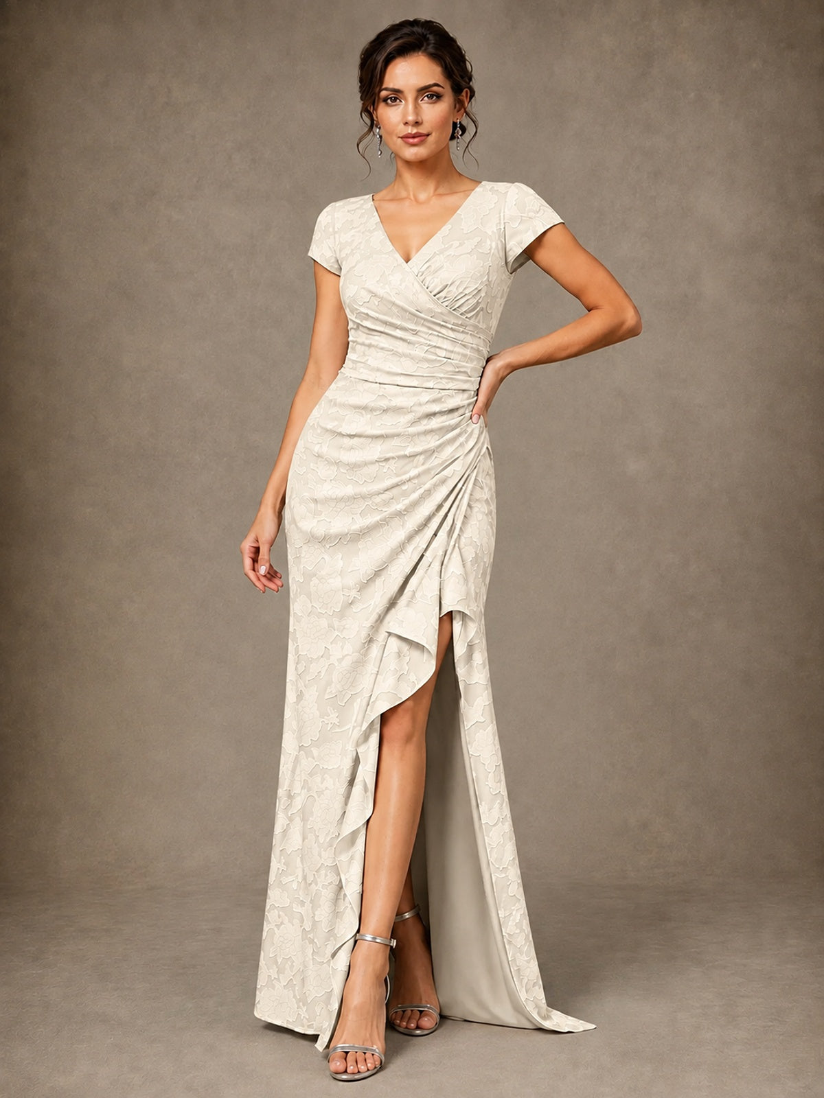 V-Neck Floral Jacquard Mother of the Bride Dress with Slit