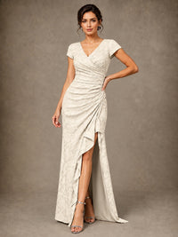 V-Neck Floral Jacquard Mother of the Bride Dress with Slit