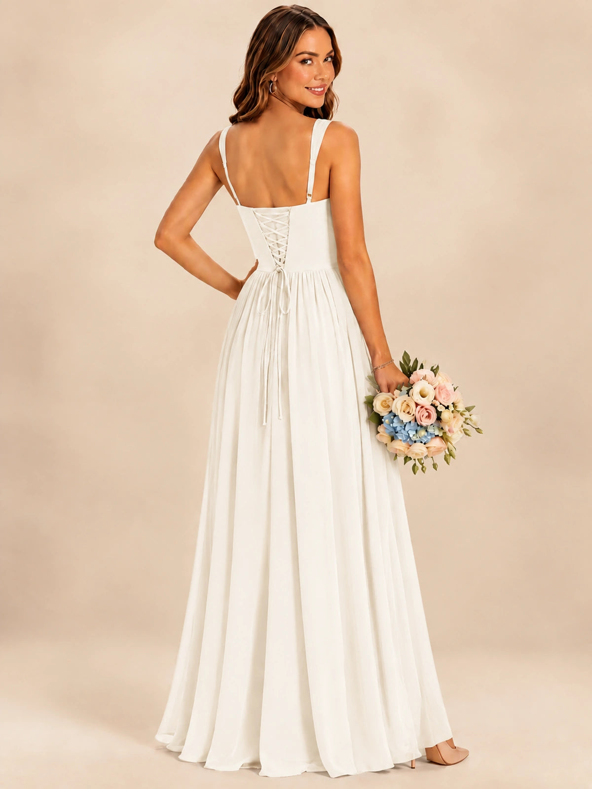 Spaghetti Straps Pleated Chiffon Bridesmaid Dress with Ruffle Slit