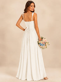 Spaghetti Straps Pleated Chiffon Bridesmaid Dress with Ruffle Slit
