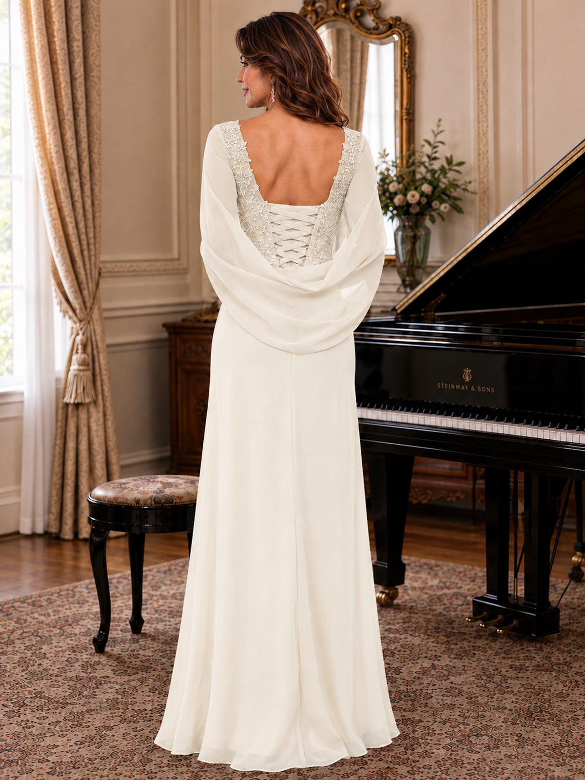 Elegant Applique Chiffon Mother of the Bride Dress with Cape Sleeves