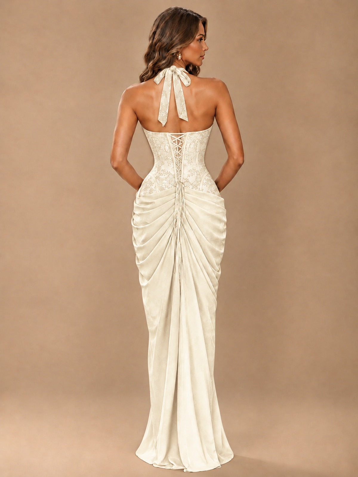 Sweetheart Halter Prom Dress Pleated Lace Floral Formal Dress with Slit