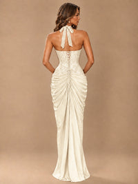 Sweetheart Halter Prom Dress Pleated Lace Floral Formal Dress with Slit