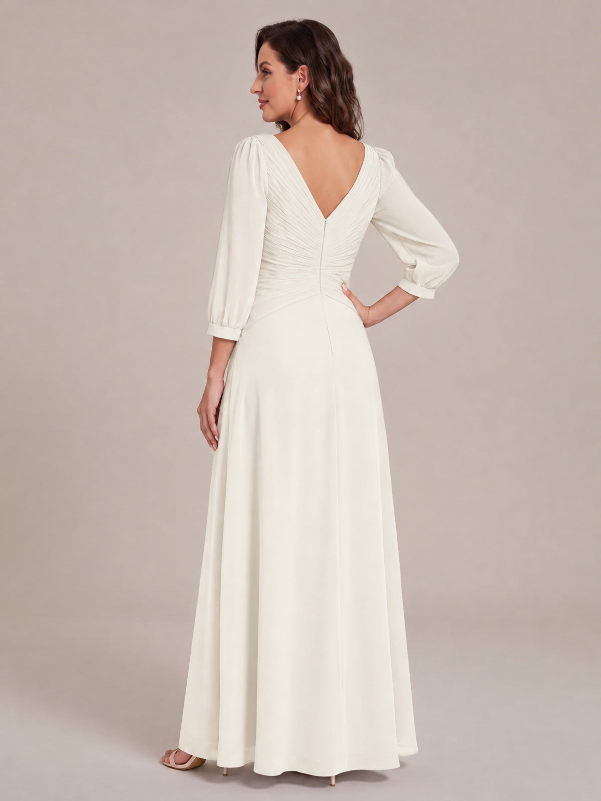 V-Neck Pleated Chiffon Mother of the Bride Dress with Flutter Sleeves