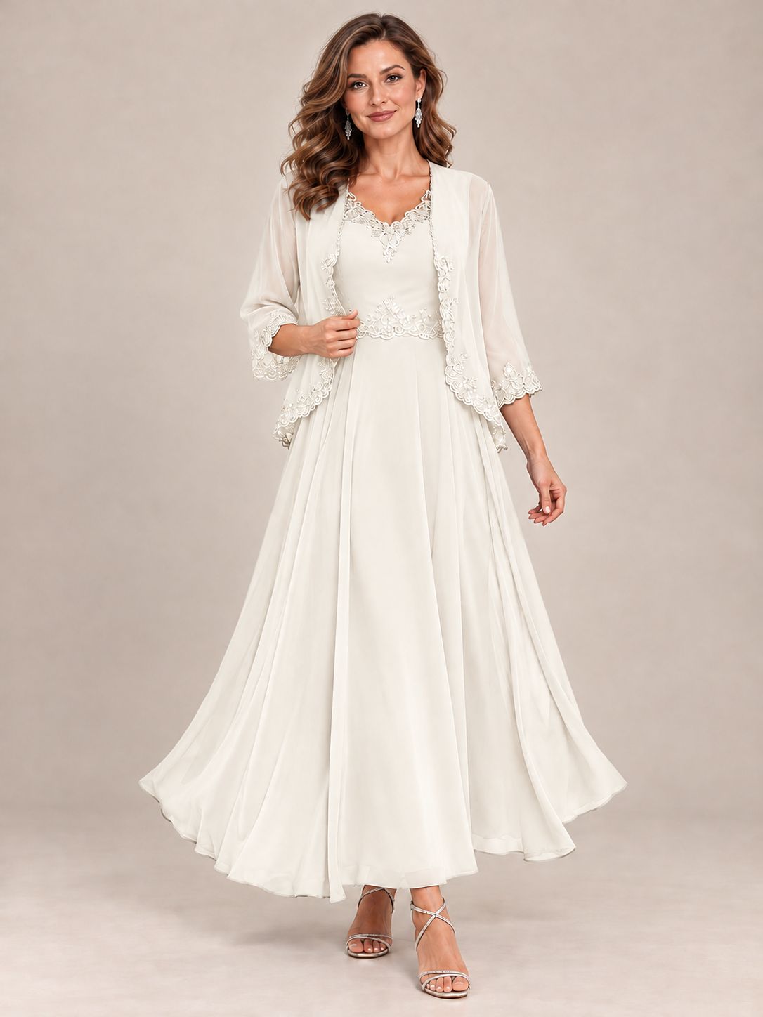 Dusty Blue Floral Lace Chiffon Mother of the Bride Dress with Jacket