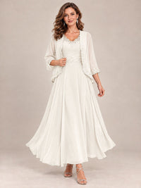 Dusty Blue Floral Lace Chiffon Mother of the Bride Dress with Jacket