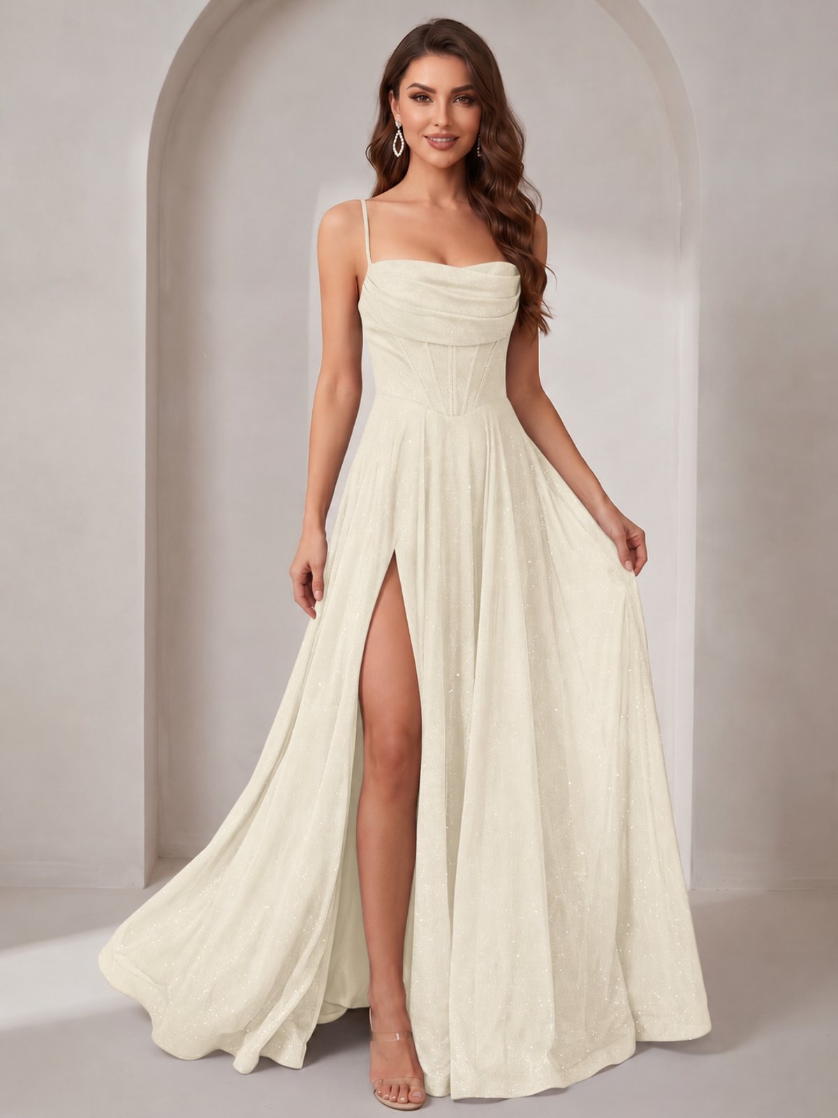 Sparkly Cowl Neck Corset Long Prom Dress with Slit A-line Tulle Ball Gown