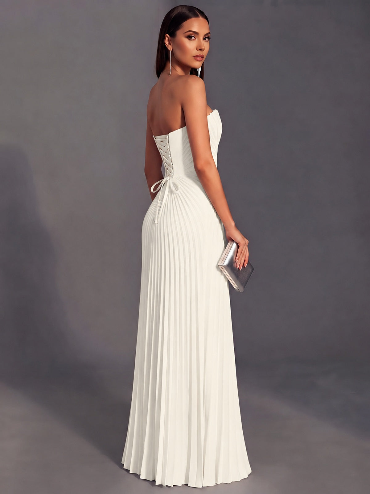 Strapless A-line Long Pleated Satin Prom Dress