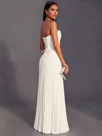 Strapless A-line Long Pleated Satin Prom Dress