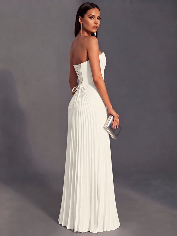 Strapless A-line Long Pleated Satin Prom Dress