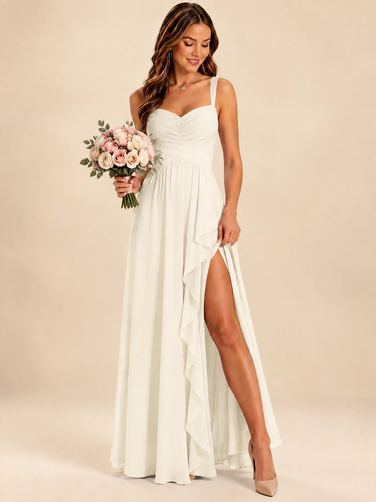 Spaghetti Straps Pleated Chiffon Bridesmaid Dress with Ruffle Slit