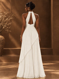 Wrap Pleated Prom Dress Halter A-line Chiffon Formal Wedding Dress