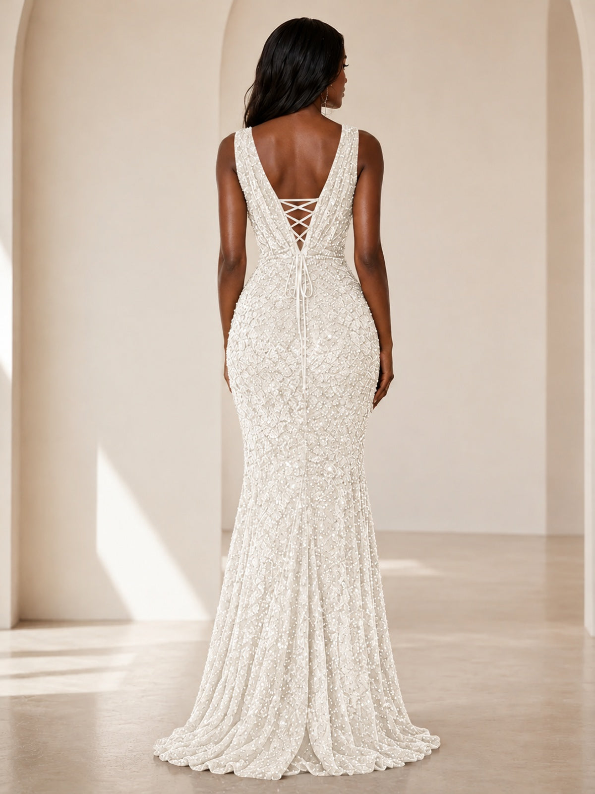 Sequin Mermaid Prom Dress with V-Neck and Ruched Waist