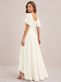 Dusty Blue Chiffon Bridesmaid Dress with Flutter Sleeves & High-Low Hem