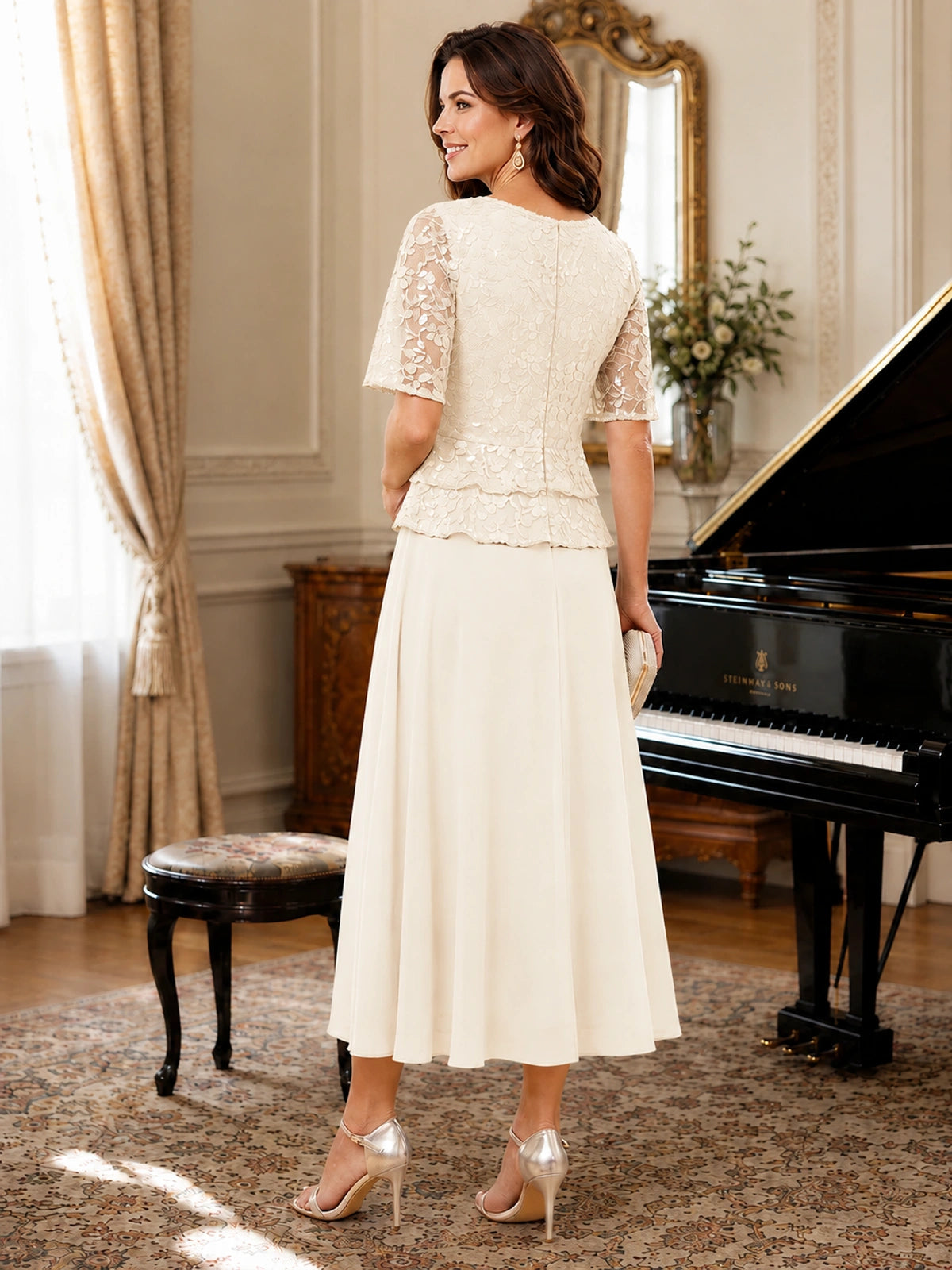 Tea-Length Chiffon Mother of the Bride Dress with Sequin Lace Sleeves