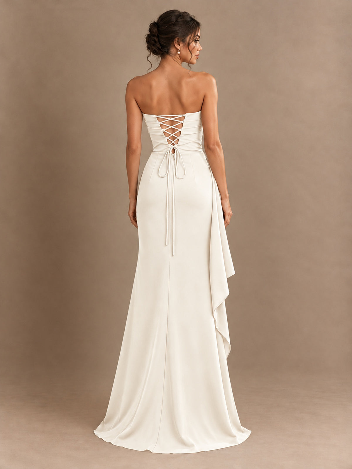 Black and White Strapless Ruched Prom Dress with High Slit & Side Drape