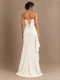 Black and White Strapless Ruched Prom Dress with High Slit & Side Drape