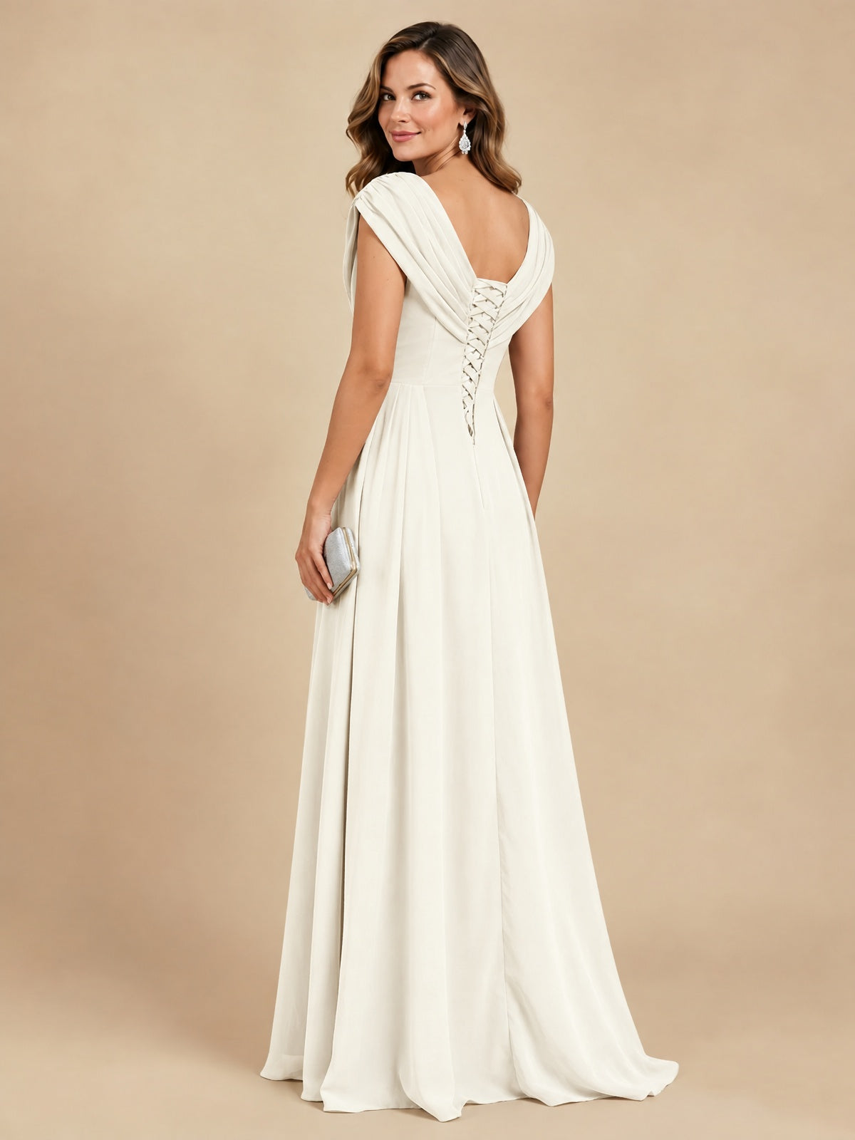 V Neck Pleated Mother of The Bride Dresses with Beading Cap Sleeves
