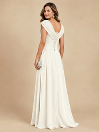 V Neck Pleated Mother of The Bride Dresses with Beading Cap Sleeves