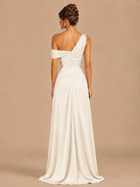 Satin One Shoulder Prom Dress Ruched Long Formal Evening Gown