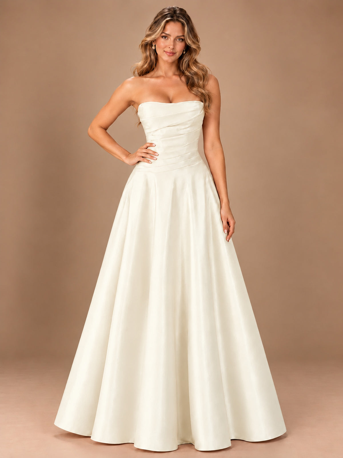Blush Pink Strapless Satin A-Line Prom Dress with Ruched Bodice