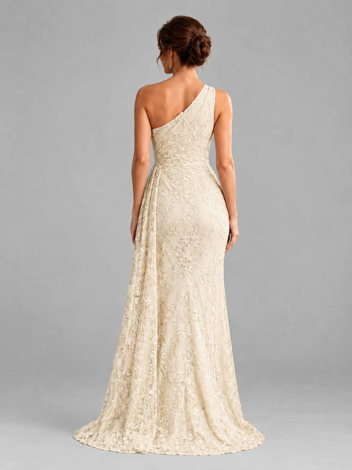 One-Shoulder Ruched Floral Lace Floor-Length Prom Dress