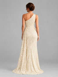 One-Shoulder Ruched Floral Lace Floor-Length Prom Dress