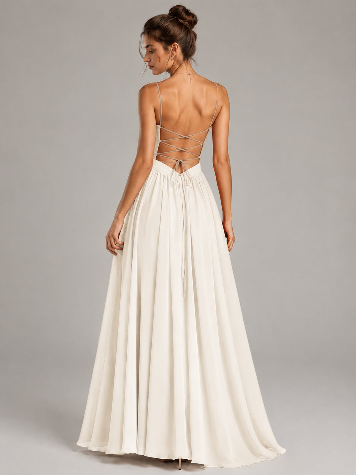 Spaghetti Strap Ruched Chiffon Maxi Dress with Backless