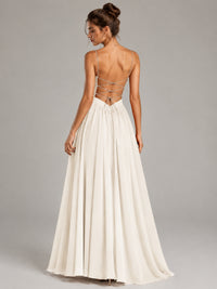 Spaghetti Strap Ruched Chiffon Maxi Dress with Backless