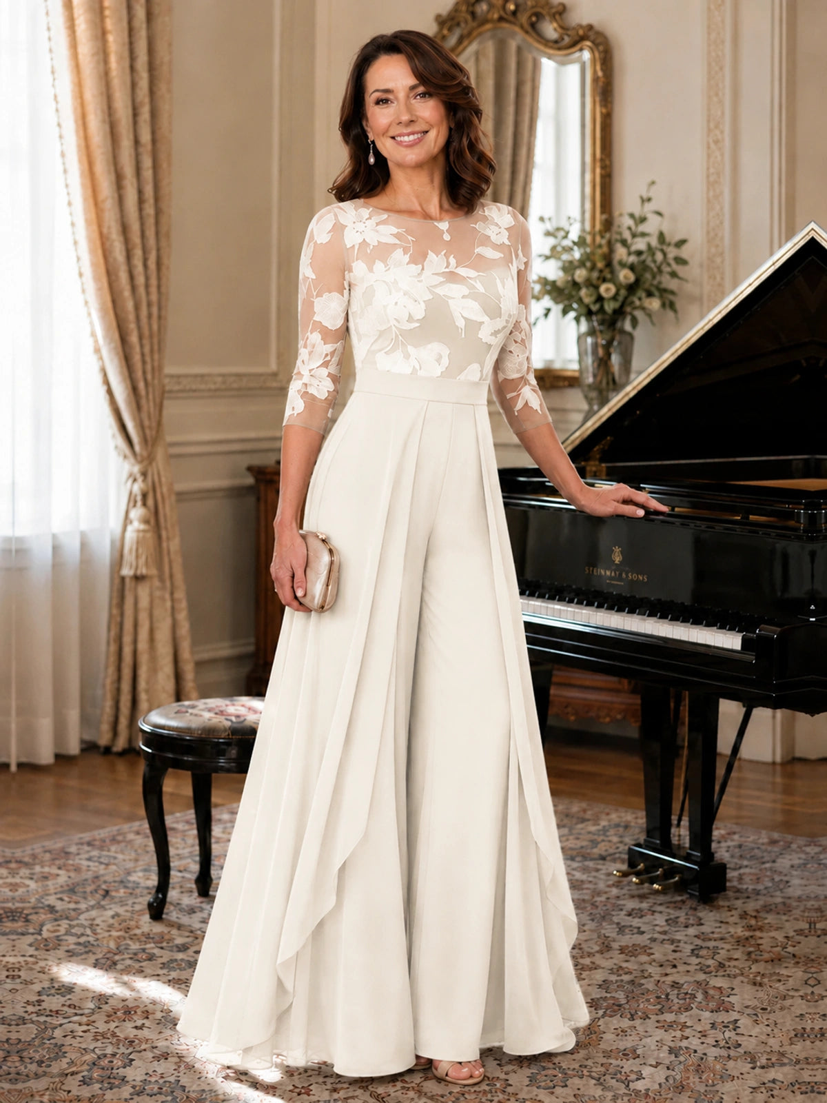 Lace Applique Wide-Leg Chiffon Mother of the Bride Jumpsuit