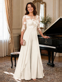 Lace Applique Wide-Leg Chiffon Mother of the Bride Jumpsuit