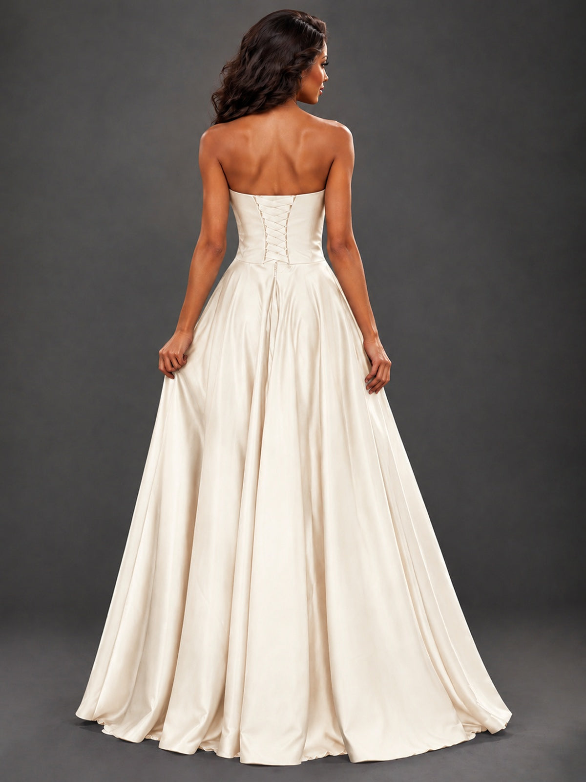 Draped Satin Prom Dress Strapless A-line Formal Dress Floor Length