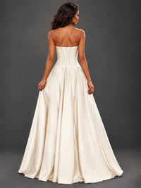 Draped Satin Prom Dress Strapless A-line Formal Dress Floor Length