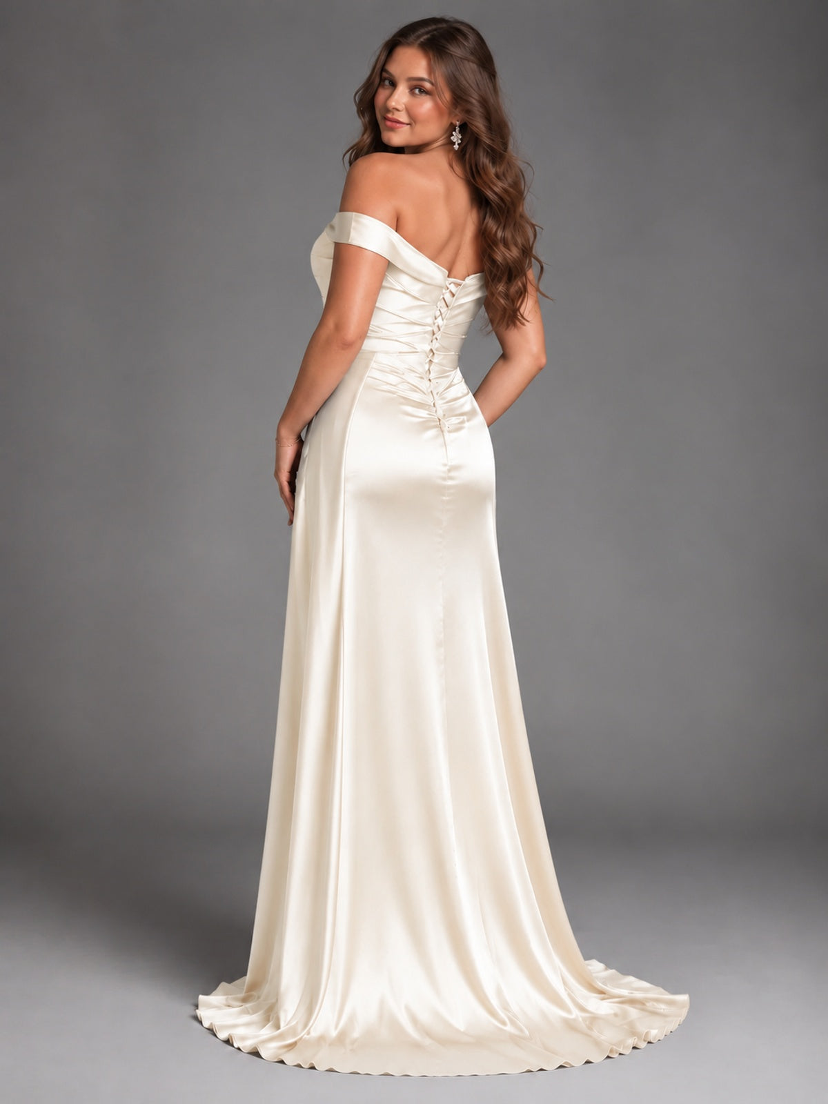 Off Shoulder Satin Maxi Dress with Slit
