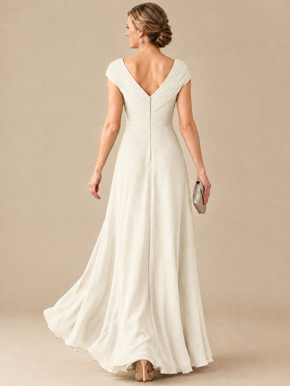 Pleated Chiffon Lace Mother of The Bride Dresses with Beading Cap Sleeves