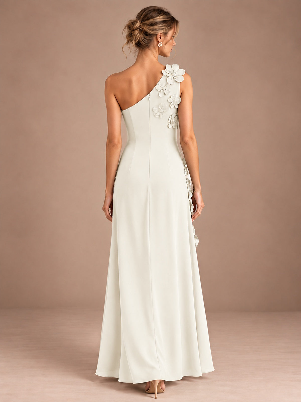 Sage Green One Shoulder Satin Formal Maxi Dress with 3D Floral