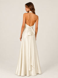 Sage Green Satin A-Line Bridesmaid Dress with Halter Neck