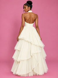 Hot Pink Tulle Halter Neck Tiered Ruffle Maxi Dress