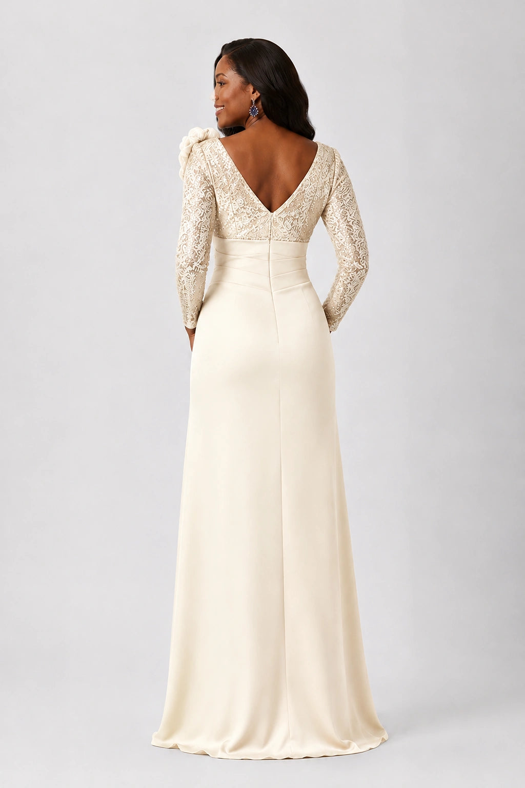 Sequin Mother of the Bride Dress with Long Sleeves 3D Floral V-Neck Gown