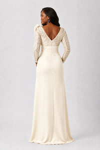 Sequin Mother of the Bride Dress with Long Sleeves 3D Floral V-Neck Gown