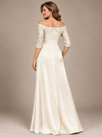 Satin Mother of the Bride Dress with Lace Sleeves Off Shoulder Formal Gown