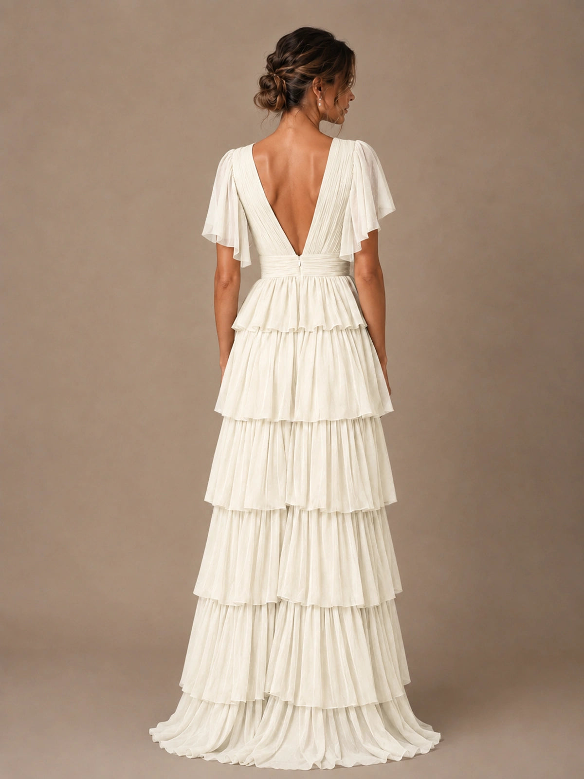 Chiffon V-Neck Tiered Ruffle Bridesmaid Dress with Slit