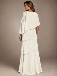 Elegant Chiffon Cape Sleeve Beaded Mother of the Bride Dress