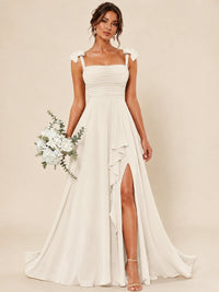 Ruffle Slit Chiffon A Line Scoop Neck Bridesmaid Dresses with Pockets