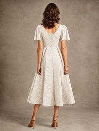V-Neck Floral Jacquard Tea-Length Mother of the Bride Dress