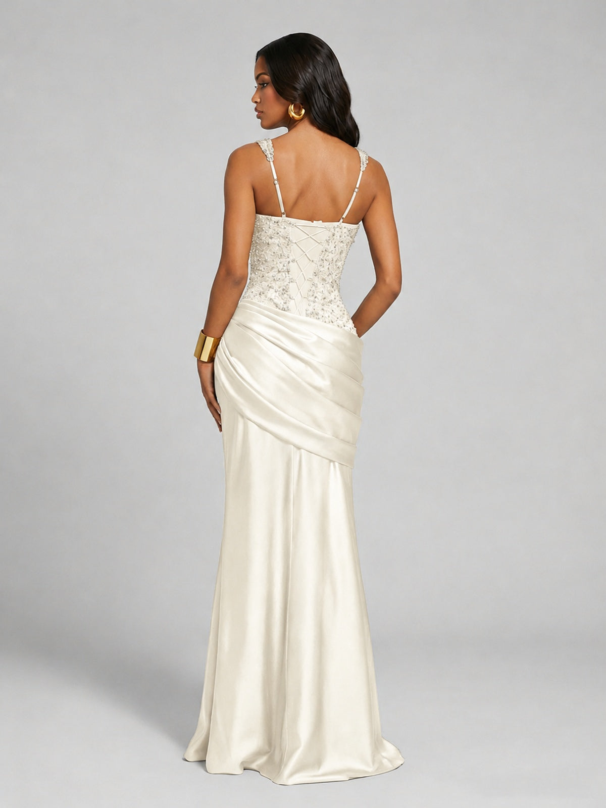 Scoop Neck Sequin Prom Dress with High Slit Satin Formal Gowns