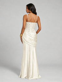 Scoop Neck Sequin Prom Dress with High Slit Satin Formal Gowns